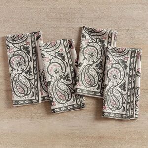Pottery Barn Charlotte Block Print Cotton Napkins Set of 4 Paisley Gray Pink NWT